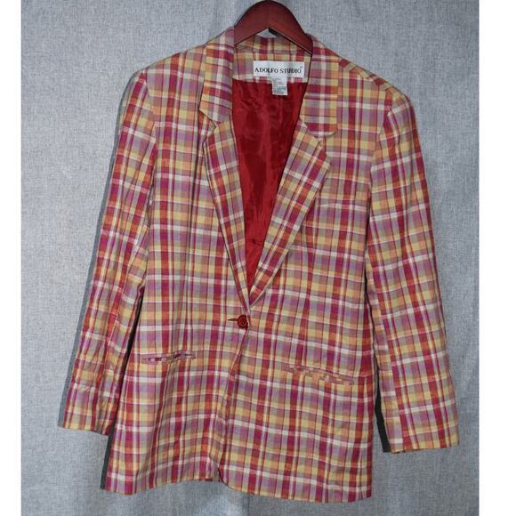 Adolfo Studio Women’s Plaid Linen Cotton Blazer Size 10P Petite Red Yellow Check - Picture 1 of 4